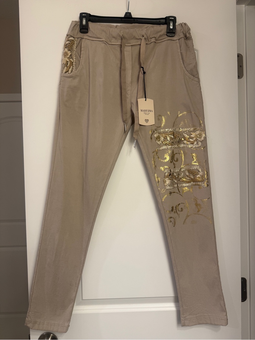 Marisima Made in Italy Tan Women's Drawstring Pants with Gold Detail One Size